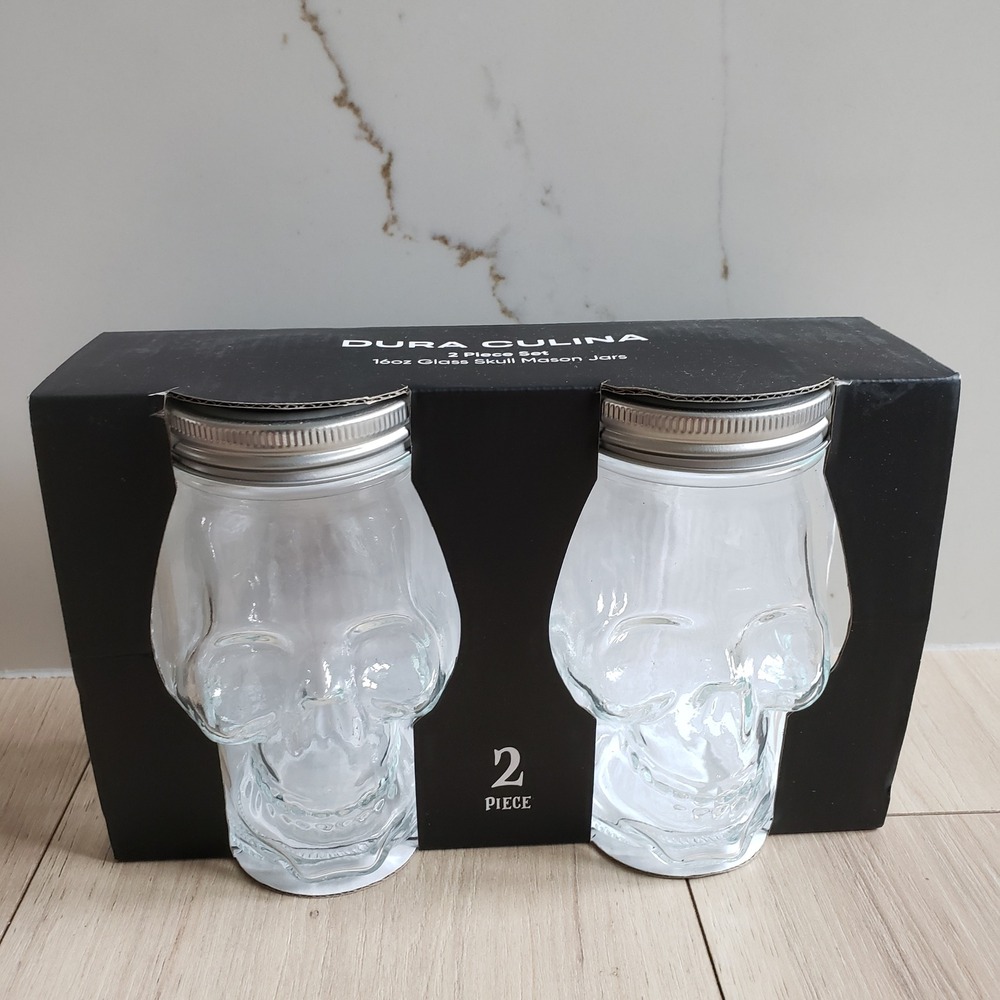 Dura Culina Skull Mason Jars Glass 16oz Clear 2 Piece Halloween Gift Set Lids